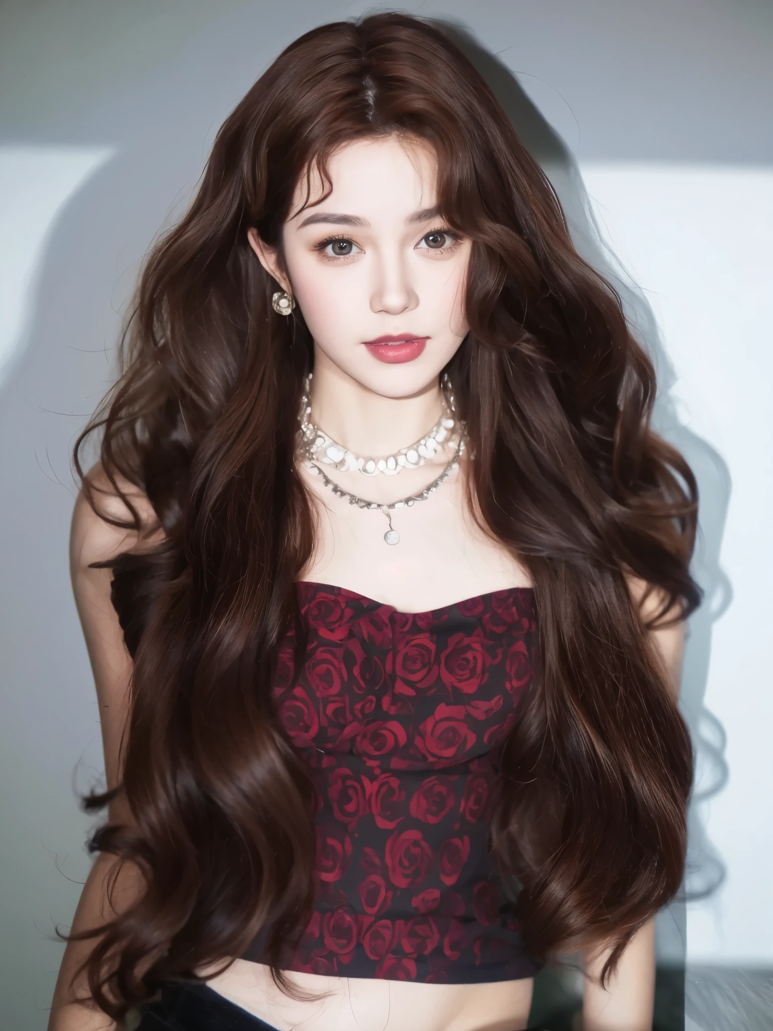 Caramel reddish brown long curly hair,Natural and beautiful hair,The background is simple and clean