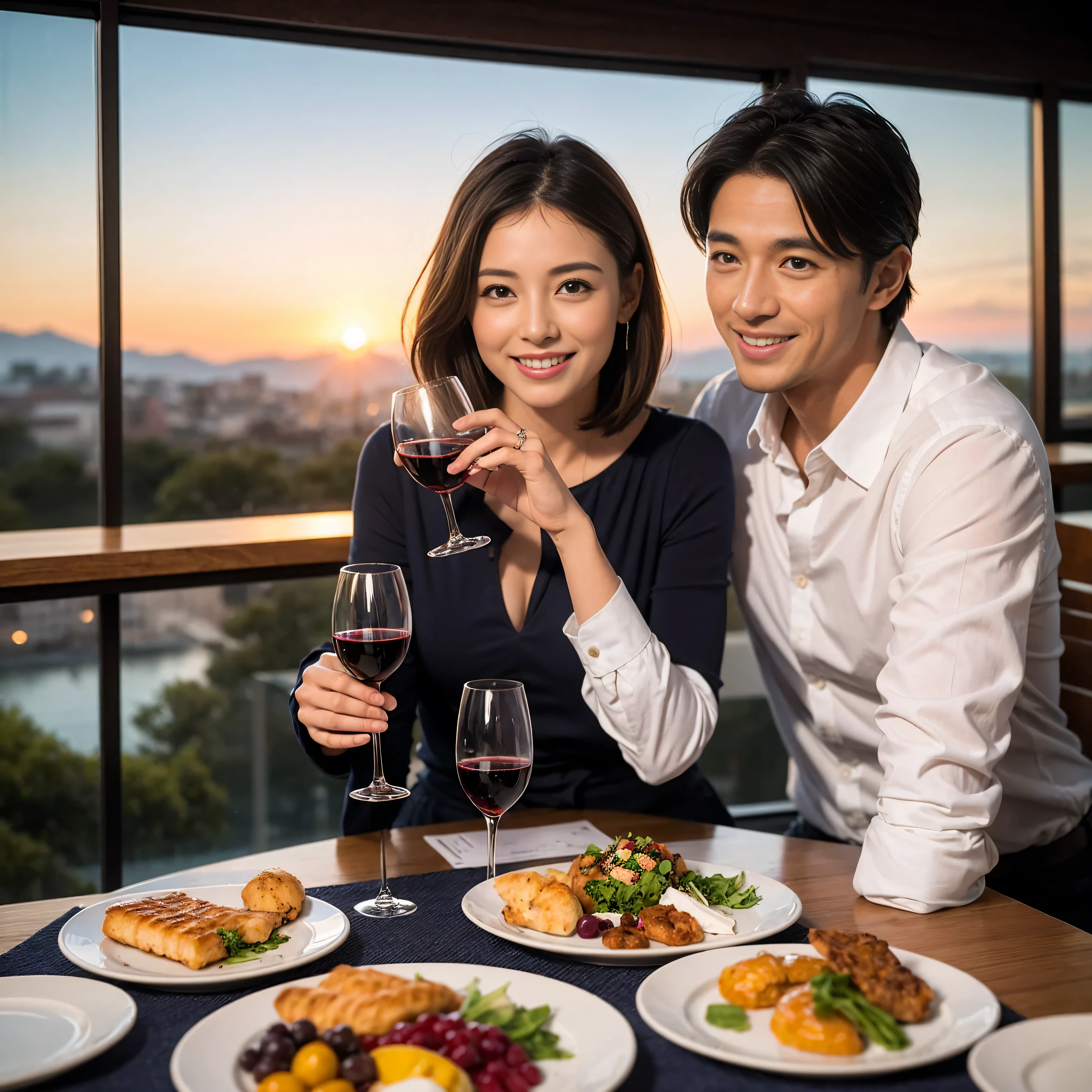 ((highest quality、8k、masterpiece:1.3))、 (Realistic, Intricate details:1.2), 1 male 1 female、Real、lover、couple、spouse、Handsome Men and Beautiful Women、Beautiful couple、Happy smile、full-course dinner、 (Slim face), (Slim Body), (Brown Hair), (Short Hair), Wine glass on the table、Please put light on my face、 Amazing view of the sunset sky and clouds、 (Age 35), 39 years old, red wine 、Appetizers、Wine bottle、sparkling wine、Long sleeve shirt、dress、White wine, red wine, wine glass, 