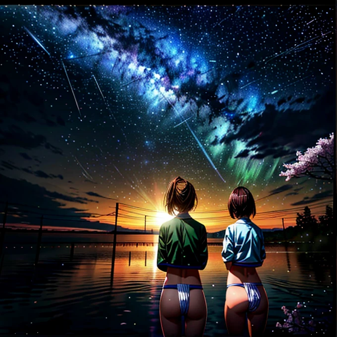 (4girls in WHITE Fundoshi), distant girls has FineSkin staring at the stars, (zoomed out:1.3), (Dazzling meteor shower:1.2), (comet:1.1), your name, low angle, from behind, aroura borealis, shooting star, cherry blossoms, standing in a River,best quality, masterpiece,  cloud,colorful, starry,stars . (Acutance:0.85),(RAW Photo-realistic and Hyper-Realism:1.37), at Hakata GionYmakasa, Rainbow colors, VolumetricLighting