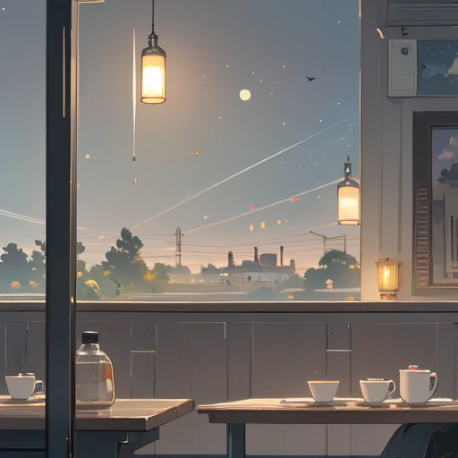 (coffee shop, cafe, coffee, cafe latte, relax mood), early summer air, aesthetic, Ghibli background style, cute storybook illustration, gentle soft lighting, Giorgio Morandi Colors, thick line graph, full-color illustration, cover illustration, scenery, dabai style, (lamplight:1.0)，masterpiece, Best quality at best,