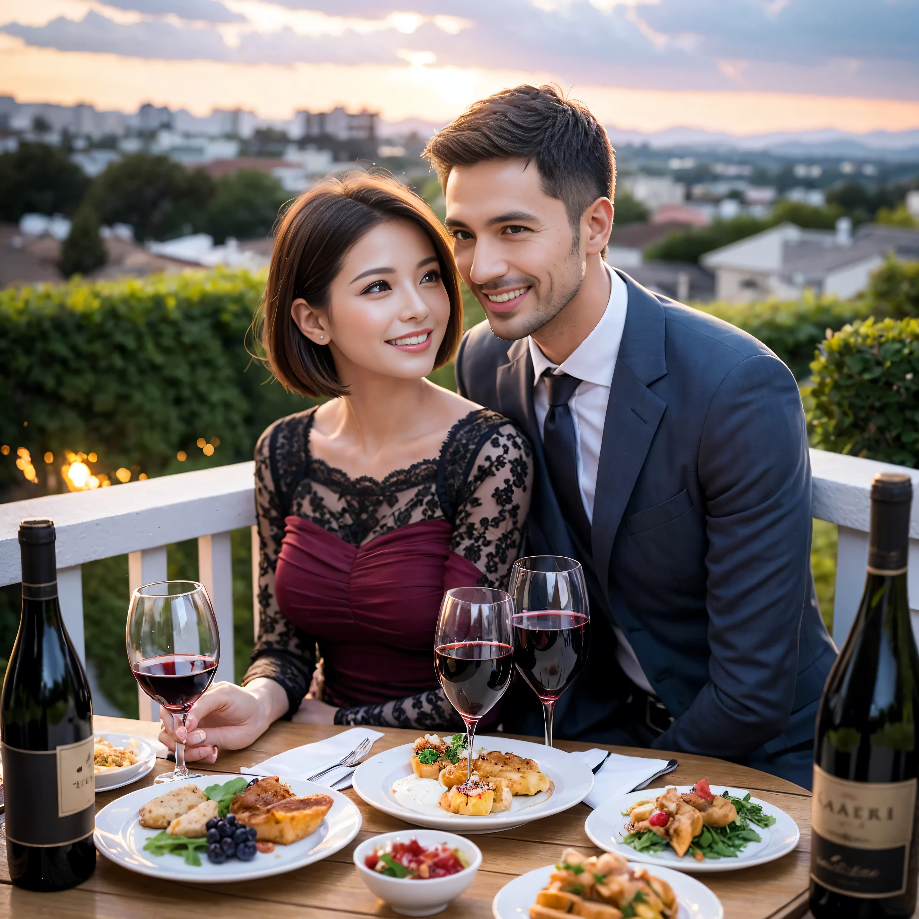 ((highest quality、8k、masterpiece:1.3))、 (Realistic, Intricate details:1.2), 1 male 1 female、Real、lover、couple、spouse、Handsome Men and Beautiful Women、Beautiful couple、Happy smile、full-course dinner、 (Slim face), (Slim Body), (Brown Hair), (Short Hair), Wine glass on the table、Please put light on my face、 Amazing view of the sunset sky and clouds、 (Age 35), 39 years old, red wine 、Appetizers、Wine bottle、sparkling wine、Long sleeve shirt、dress、White wine, red wine, wine glass, 