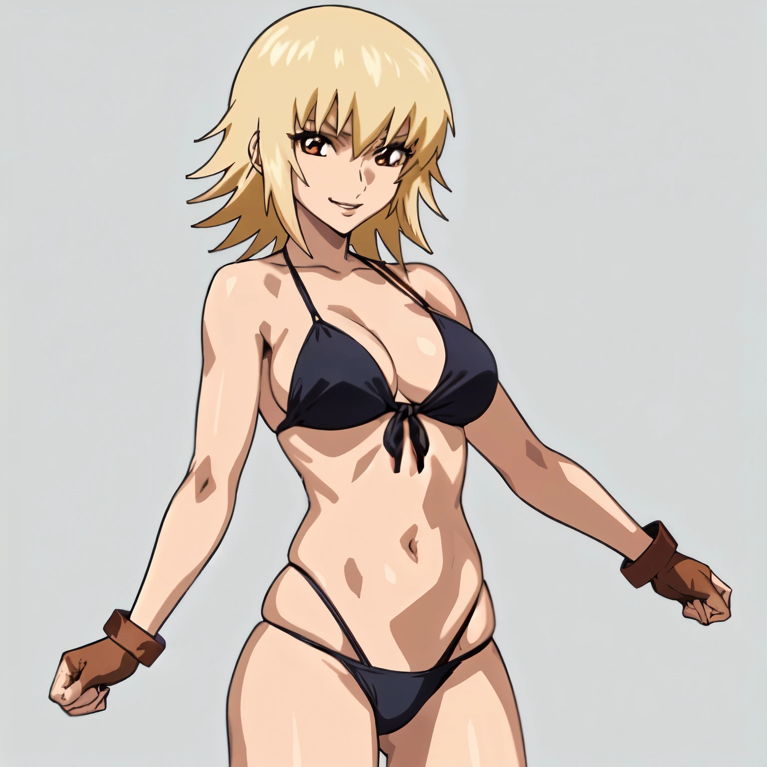 masterpiece, cowboy shot, 4K, Best Quality, Anime style: 1.9, best illustration, (official art, very warm colors), bold drawing lines, 1girl, cagalli, adult woman, tall woman, perfect proportions, ultra detailed head, ultra detailed body, big brown eyes, happy, blonde hair, ultra detailed streaks, official art, brown eyes, black bikini, smile, closed mouth, solo, looking at viewer, long belly, ultra detailed belly, medium breasts, cleavage, groin, standing, (simple white background only, simple white background only), black fingerless gloves, closed fists, strong arms