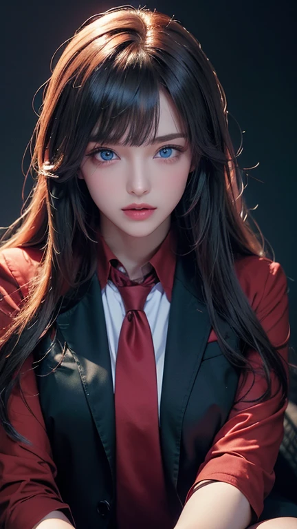 masterpiece, highest quality, Very detailed, To the camera, 複雑に詳細なVery detailed, Realistic, Sharp features, Very detailed, Sharp focus, Perfect Face, Perfect Face, Perfect symmetry and perfect eyes, Perfect Plump Lips, Flexible female form, Cinematic, Film Light, Very detailed, hyper Realistic, masterpiece, Atmospheric, High resolution, Vibrant, Dynamic Studio Lighting, ((Dark Background)), The expression when enduring pleasure, Straight bangs, 、blue eyes、Dark purple business jacket、Red Shirt、Red tie、Exposed thighs、(Green Hair 1.5)