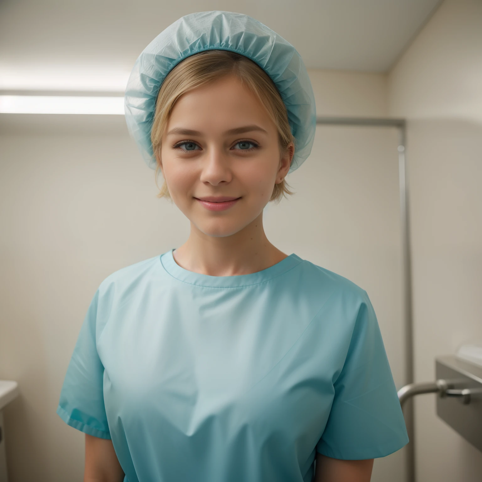 A Realistic Portrait, of a girl, pediatric patient (Kristina Pimenova), ,, Beautiful, detailed face, detailed eyes, (realistic skin:1.3), (pale skin:1.1), (textured skin:1.3), (()), big smile, (iphone photograph), ), (artificial lighting:1.3), looking at the camera, perfect slim body, amateur Photography, Photorealistic, Detailed, analog, poor quality, standing in medical changing room, beautiful face, big eyes, big smile, detailed face, wears teal nylon patient gown , putting long patient gown on, back-tied patient gown, female figure, high closed crew-neck, bokeh, all wearing large teal nylon bouffant cap , , large surgical bouffant cap covering hair and ears, ultra-short blonde hair fully covered by nylon shower cap, no hair tails, standing in hospital room
