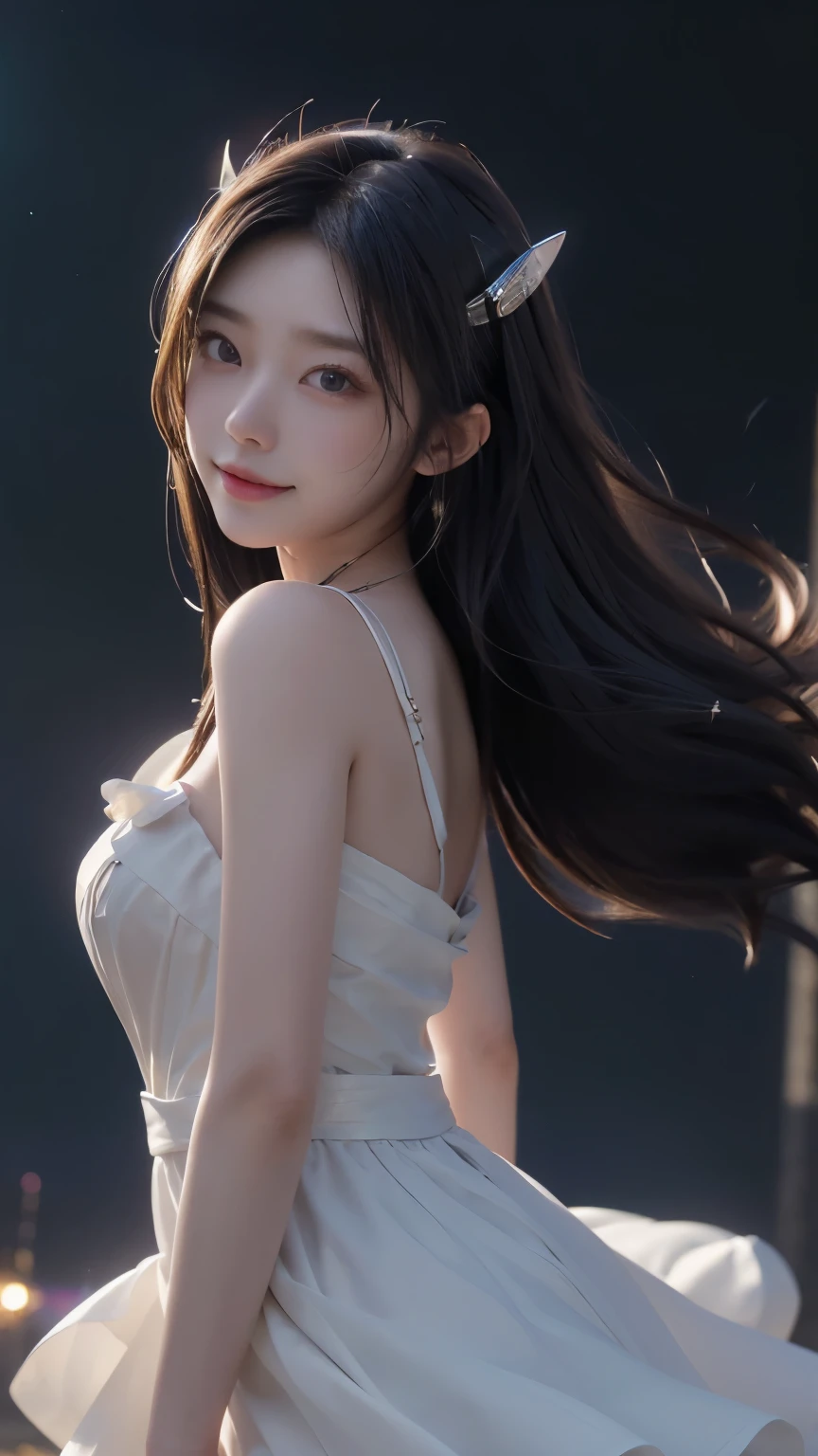 (logo、masterpiece、8K、Tabletop、RAW Photos、wonderful、最high quality、Photorealistic and very detailed CG composite 8k wallpaper、high quality、Very detailed、Narrative poem、Particle Effects、Dynamic Effects、Depth of the Boundary)What is written is、Cinematic Light、Lens flare、Ray Tracing)、Fantasy、(night、Night Sky、Starry Sky、full moon)、(A girl looking up at the sky)、sit、 cute、Japanese、(smile)、Long Black Hair、Strong winds、(Hair blowing in the wind)、(White Dress)、Natural light、moonlight、(Horizontal photography)、(Bust up shot)、(Low position)、(Low - Angle)