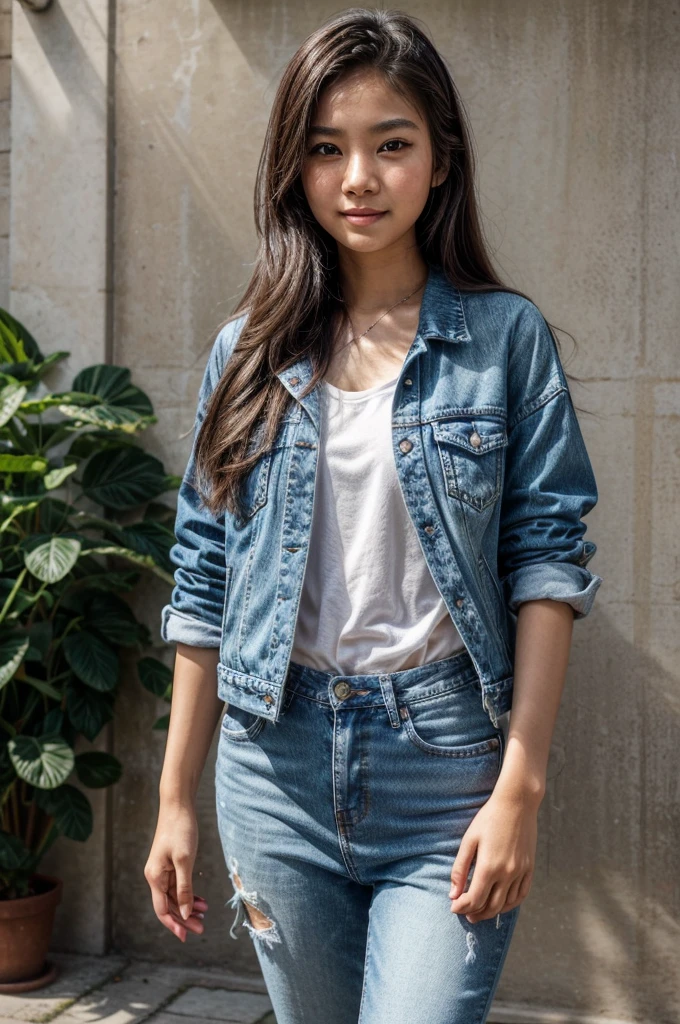14-year-old girl, young asian teenage girl, female, adolescent girl, girl, beautiful hair, long flowing hair, shiny hair, detailed hair, soft wavy hair, eyes, bright eyes, captivating eyes, detailed eyes, sparkling eyes, perfect eyes, expressive eyes, face, delicate face, smooth skin, youthful face, radiant complexion, happy expression, smiling face, full lips, modern outfit, stylish modern clothes, fashionable attire, trendy clothes, chic clothing, modest girly outfit, modern ensemble, elegant top, fitted denim jacket, soft fabric, vibrant colors, unique designs, floral patterns, high-waisted jeans, skinny jeans, comfortable shoes, casual sneakers, cute accessories, small backpack, simple jewelry, high-quality image, 8k resolution, perfect image, best image, highly detailed, beautifully rendered, lifelike, photorealistic, ultimate quality, impeccable details, ultra-realistic, crystal clear, stunning visual, high-definition. (asian girl, young asian girl, cute young asian girl, asian, cute asian)
