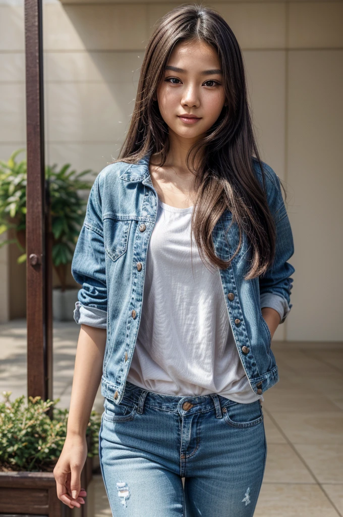 -yeld gi young asian teenage girl, female, adolescent girl, girl, beautiful hair, long flowing hair, shiny hair, detailed hair, soft wavy hair, eyes, bright eyes, captivating eyes, detailed eyes, sparkling eyes, perfect eyes, expressive eyes, face, delicate face, smooth skin, youthful face, radiant complexion, happy expression, smiling face, full lips, modern outfit, stylish modern clothes, fashionable attire, trendy clothes, chic clothing, modest girly outfit, modern ensemble, elegant top, fitted denim jacket, soft fabric, vibrant colors, unique designs, floral patterns, high-waisted jeans, skinny jeans, comfortable shoes, casual sneakers, cute accessories, small backpack, simple jewelry, high-quality image, 8k resolution, perfect image, best image, highly detailed, beautifully rendered, lifelike, photorealistic, ultimate quality, impeccable details, ultra-realistic, crystal clear, stunning visual, high-definition. (asian girl, young asian girl, cute young asian girl, asian, cute asian)
