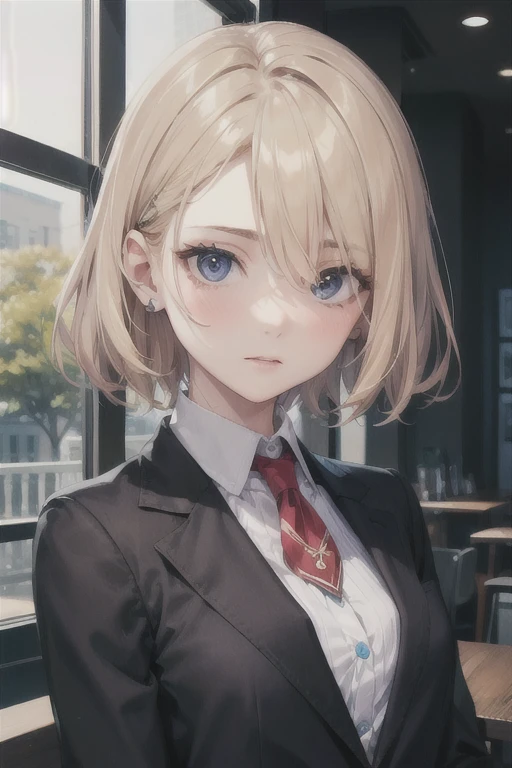 european girl portrait,alone,20 years,beautiful face,Upper body,hair above one eye,medium side cut, blonde hair, sharp focus,black business suit
