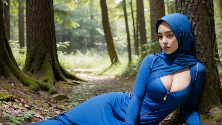 HD, masterpiece, 4k, 1 girl in the forest with detailed hijab,  showing flat chest, with zipper blue and red bodycon dress, cleavage, with aroused,