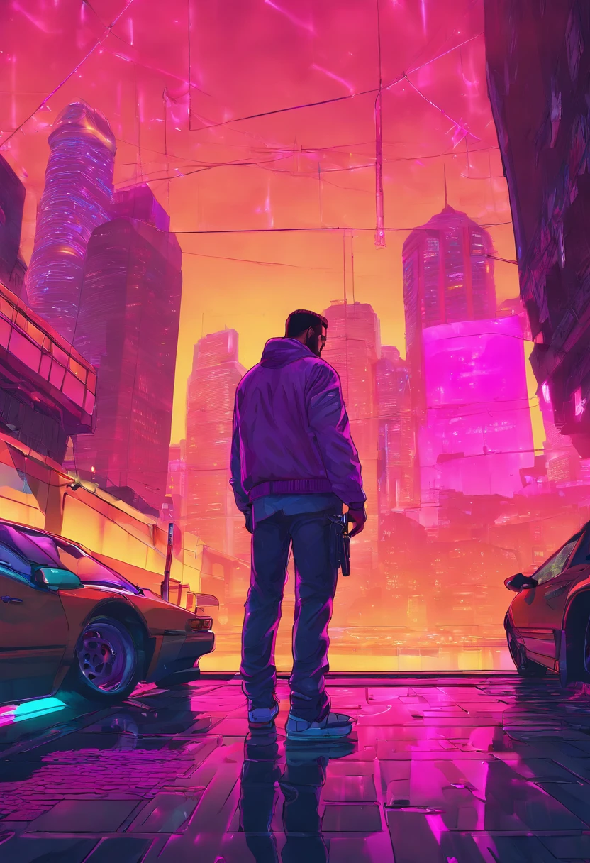 1man, male, solo, gabgster, a glass cityscape in the style of 1990s GTA, neon ((Glassmorphism, GTA 90s vibes)), lights, cyberpunk, modern architecture, detailed reflections, glowing windows, futuristic, rain effects, dramatic lighting, cinematic, moody, atmospheric