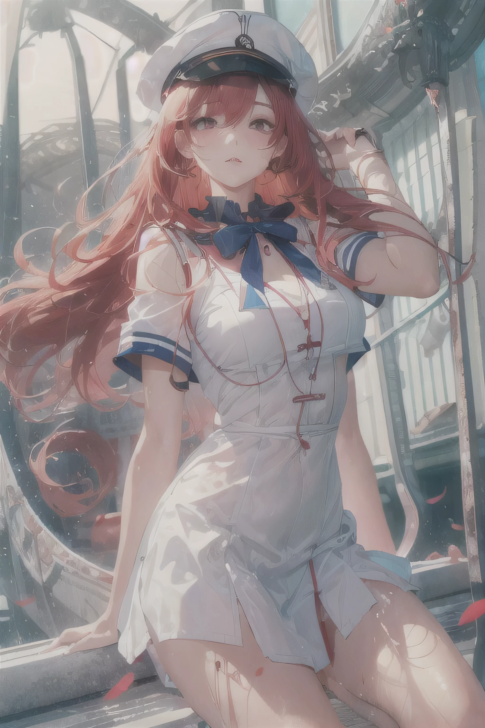 1 girl, Redhead, Facial hair, Red eyes, sexy、erotic、High Contrast、cute、highest quality, Very detailed,  The most delicate and beautiful, High resolution, (highest quality,4K,8k,masterpiece:1.2),Sailor suit、uniform、Thighs、Wet clothes、See-through clothing