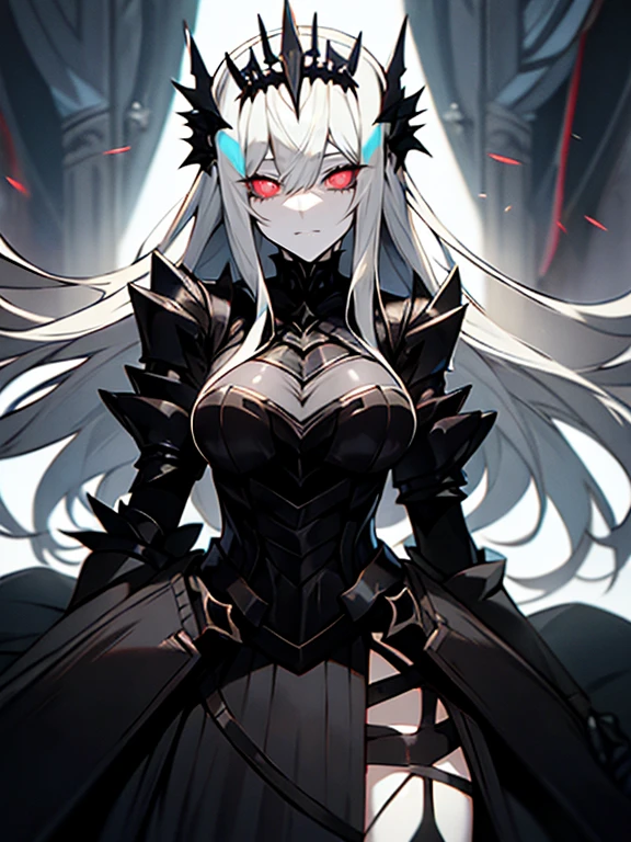 Metal armored dress, pale skin, gray hair, bloody pupils, black sclera, bloody tears, metal tiara