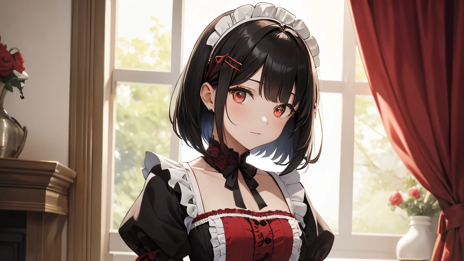 A beautiful girl wearing a red maid outfit with lots of frills and lace Black bob with hair ornament Upper Body