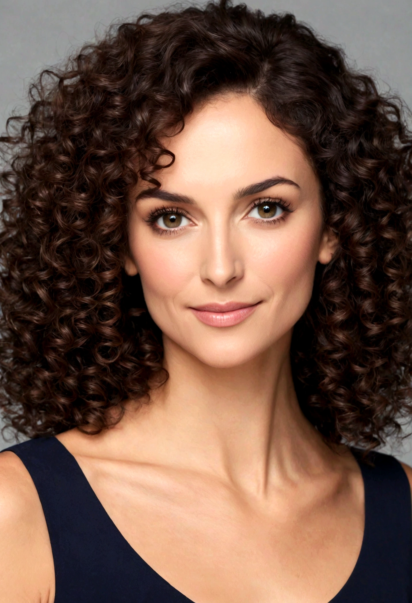 A woman, with age features, soft wrinkles, skin details,large honey eyes, (voluminous, well-defined, dark curly hair. Her curls are large and natural, with significant volume, creating a full and lush appearance. The hair is slightly parted to the side, adding a touch of asymmetry. The overall look is vibrant and dynamic, highlighting the natural texture of her curls.), luxury setting, glamorous, sophisticated, mature beauty, captivating eyes, high cheekbones, radiant smile, ((classic Mediterranean features)), ((sharp jawline)), ((full lips)), ((expressive eyes)), ((dark eyelashes)), ((rounded face)), (thin nose:1.5)).