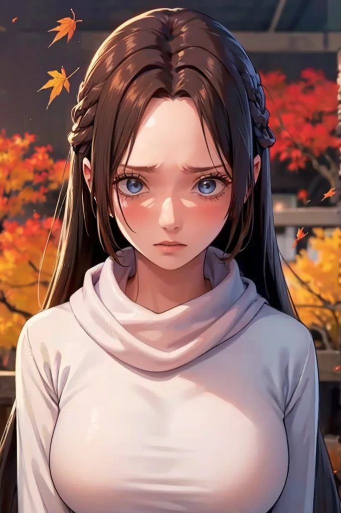 (masterpiece), best quality, ultra-detailed, illustration, warm lighting, soft lighting, bright colors, 1 girl, solo,( beautiful girl, long hair, blue eyes, ribbon, brown hair, hair between eyes, hair ribbon, sidelocks, very long hair, messy hair,) , autumn, many maple tree, maple leaves, golden leaves, fall foliage, Dried leaves, river, crisp air, peace, cool breeze , sweater weather,( wear white or brown sweater, red scarf, Moody fall, Wistful, Melancholy, sad ,worried, Longing,)