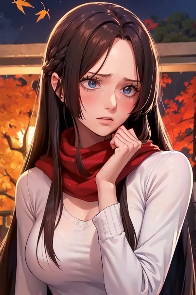 (masterpiece), best quality, ultra-detailed, illustration, warm lighting, soft lighting, bright colors, 1 girl, solo,( beautiful girl, long hair, blue eyes, ribbon, brown hair, hair between eyes, hair ribbon, sidelocks, very long hair, messy hair,) , autumn, many maple tree, maple leaves, golden leaves, fall foliage, Dried leaves, river,  crisp air,  peace, cool breeze , sweater weather,( wear white or brown sweater, red scarf, Moody fall, Wistful, Melancholy, sad ,worried, Longing,)