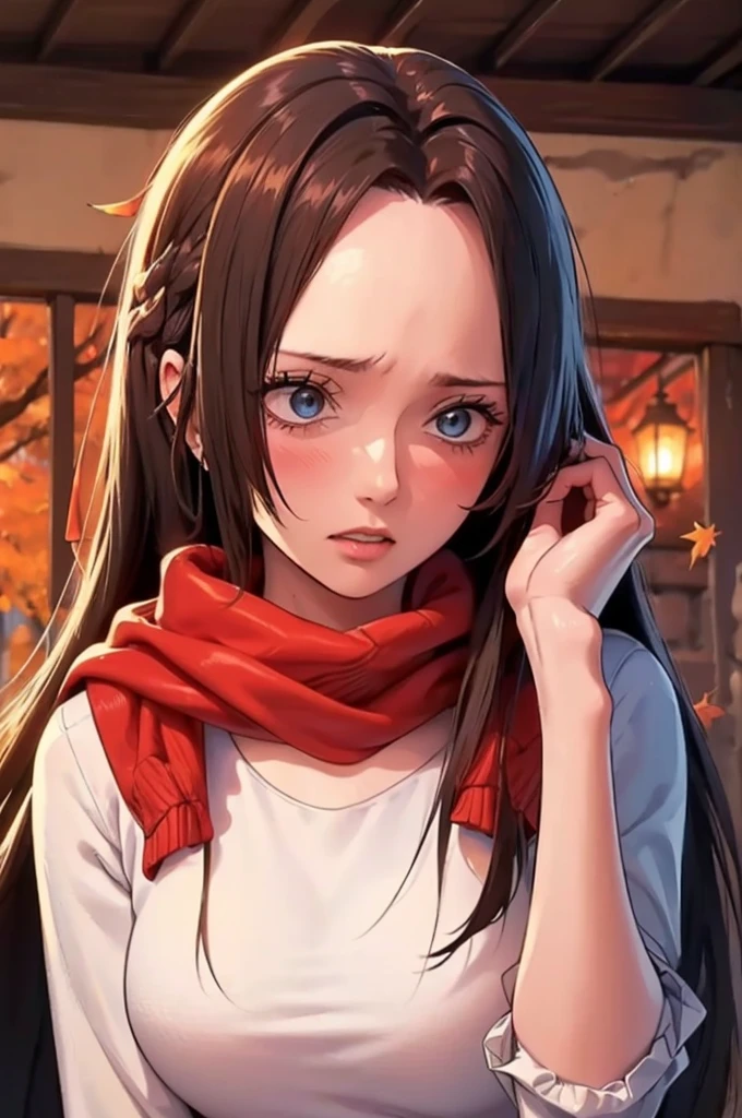 (masterpiece), best quality, ultra-detailed, illustration, warm lighting, soft lighting, bright colors, 1 girl, solo,( beautiful girl, long hair, blue eyes, ribbon, brown hair, hair between eyes, hair ribbon, sidelocks, very long hair, messy hair,) , autumn, many maple tree, maple leaves, golden leaves, fall foliage, Dried leaves, river, crisp air, peace, cool breeze , sweater weather,( wear white or brown sweater, red scarf, Moody fall, Wistful, Melancholy, sad ,worried, Longing,)