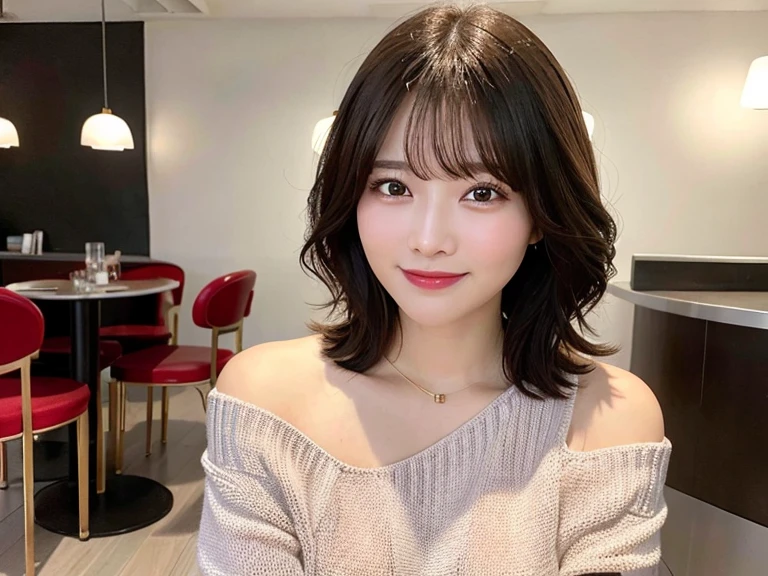 highest quality、Photorealistic、8k、High resolution、Perfect lighting、Gorgeouasterpiece、Realistic、Close-up portrait、
One woman、Sharp Eye、Off-the-shoulder sweater、Mid-breasted、short hair、Look at the viewers、A kind smile、At the cafe、In the room、It is