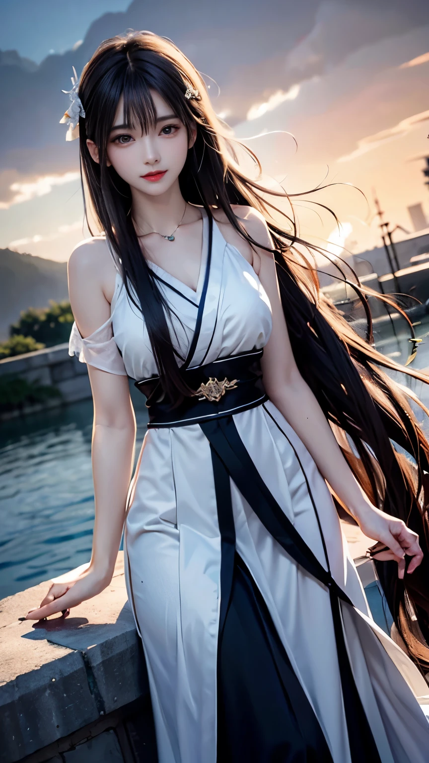 (logo、masterpiece、8K、Tabletop、RAW Photos、wonderful、最high quality、Photorealistic and very detailed CG composite 8k wallpaper、high quality、Very detailed、Narrative poem、Particle Effects、Dynamic Effects、Depth of the Boundary)What is written is、Cinematic Light、Lens flare、Ray Tracing)、Fantasy、(night、Night Sky、Starry Sky、full moon)、(A girl looking up at the sky)、sit、 cute、Japanese、(smile)、Long Black Hair、Strong winds、(Hair blowing in the wind)、(White Dress)、Natural light、moonlight、(Horizontal photography)、(Bust up shot)、(Low position)、(Low - Angle)