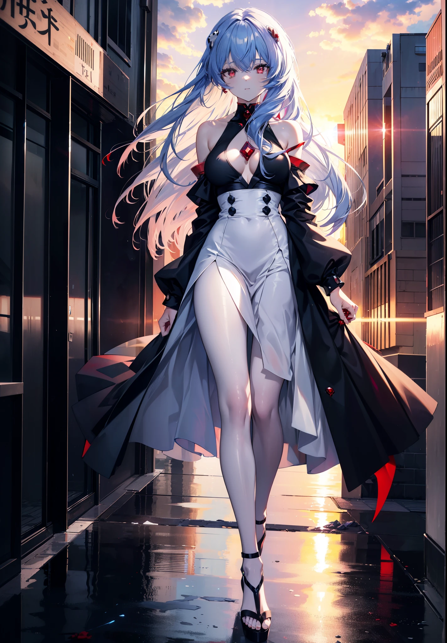 reiayanami, Rei Ayanami, Blue Hair, Long Hair, (Red ruby eyes:1.5),smile,Cold shoulder tops,Long skirt,Black pantyhose,Stiletto heels,evening,sunset,walking,whole bodyがイラストに入るように,
break outdoors, ビル街
break looking at viewer, whole body,
break (masterpiece:1.2), highest quality, High resolution, unity 8k wallpaper, (figure:0.8), (Beautiful fine details:1.6), Highly detailed face, Perfect lighting, Highly detailed CG, (Perfect hands, Perfect Anatomy),