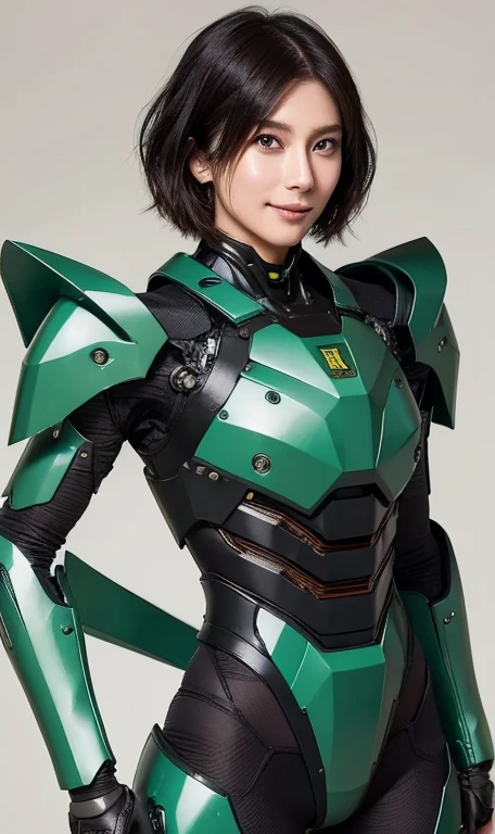 20-year-old、Textured skin, Super detailed, Attention to detail, high quality, 最high quality, High resolution, 1080p, hard disk, beautiful,(War Machine),beautifulサイボーグ女性,Dark Green Mecha Cyborg Girl,Battle Mode,Girl with a mechanical body,She is wearing a futuristic combat weapon mecha、Very short hair、Brown eyes、Sweaty、Cute Smile、head to feet、