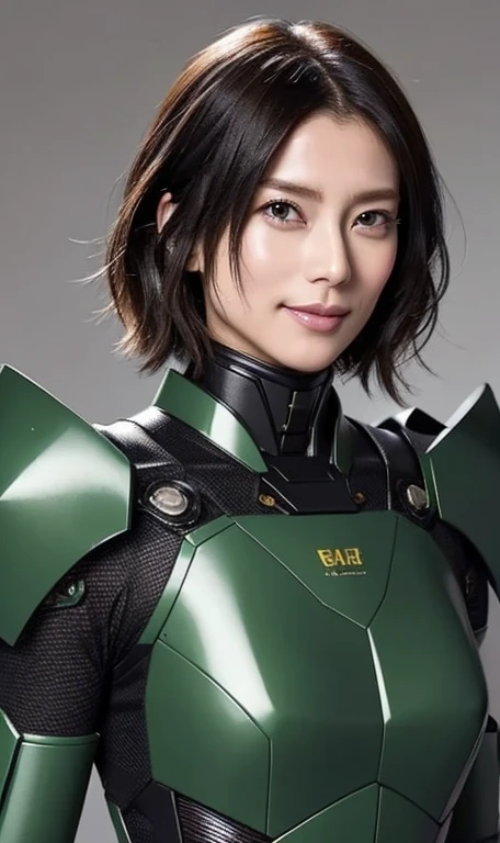 20-year-old、Textured skin, Super detailed, Attention to detail, high quality, 最high quality, High resolution, 1080p, hard disk, beautiful,(War Machine),beautifulサイボーグ女性,Dark Green Mecha Cyborg Girl,Battle Mode,Girl with a mechanical body,She is wearing a futuristic combat weapon mecha、Very short hair、Brown eyes、Sweaty、Cute Smile、head to feet、