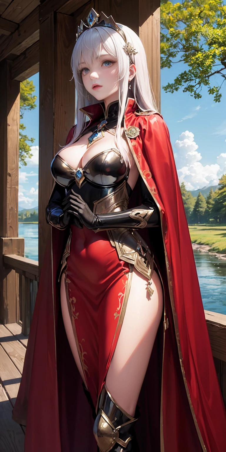 (masterpiece, best quality) 1girlsolo (the empress:1.15) (red cape) curtain, armored dress, queen dress, aurora (sunshine, sky, river, forest)