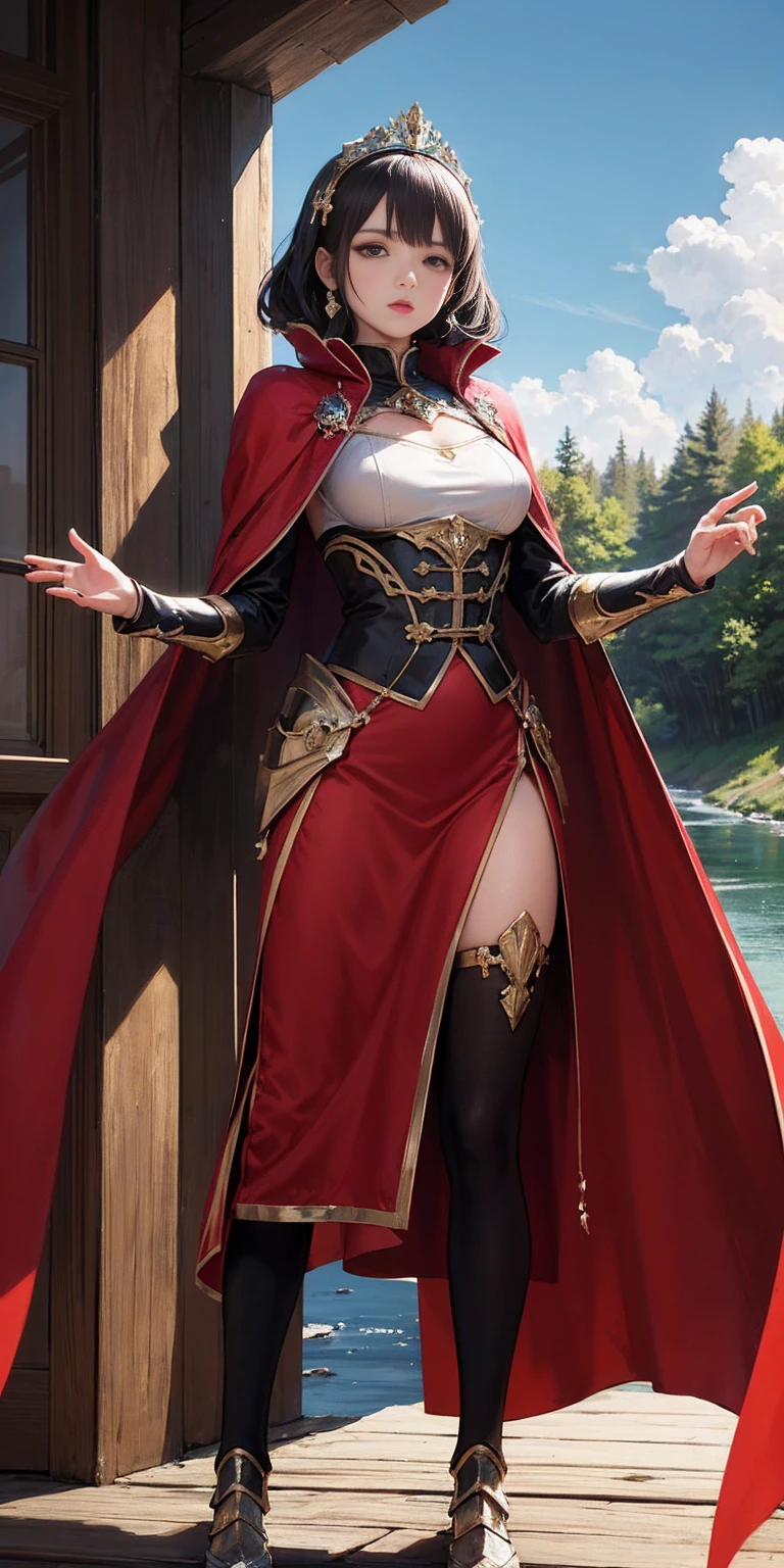 (masterpiece, best quality) 1girlsolo (the empress:1.15) (red cape) curtain, armored dress, queen dress, aurora (sunshine, sky, river, forest)