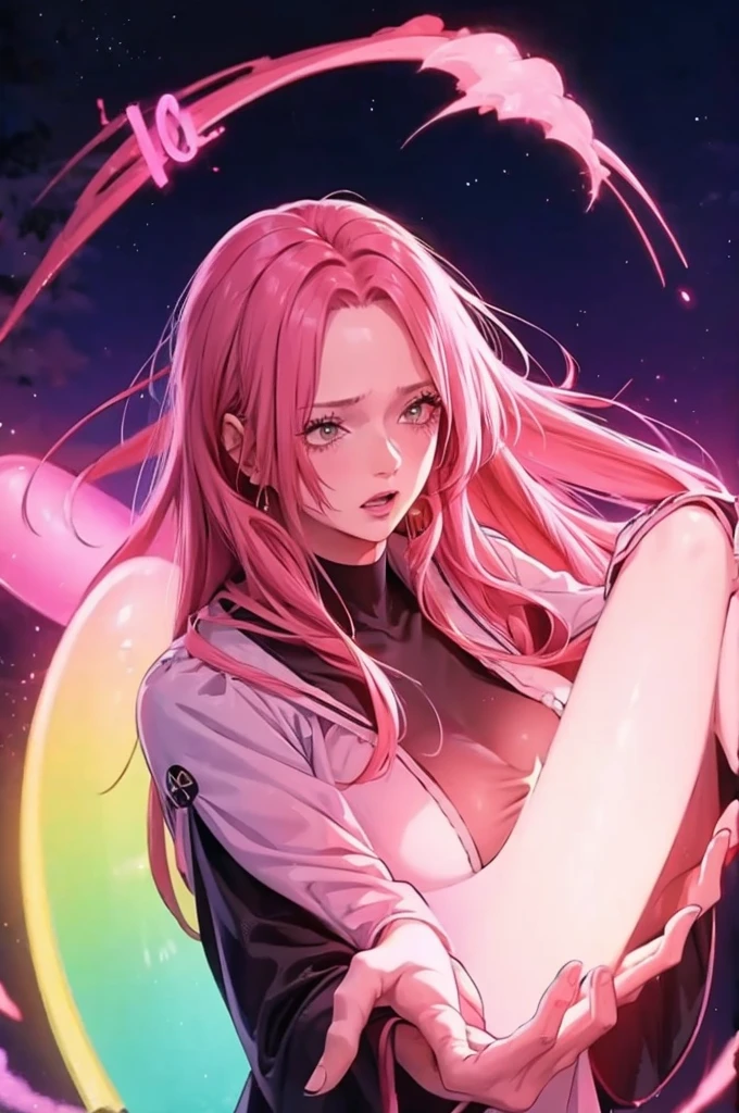 Long pink hair woman, night, neon, flying saucer, abduction, galaxy background, neon lights, black clothes with led, 4k