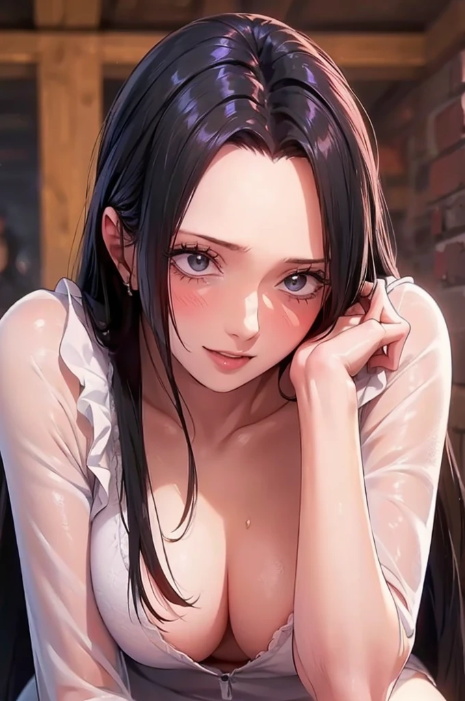 (((masterpiece))), (((best quality))), ((ultra-detailed)), (highly detailed CG illustration), Boa Hancock, , (masterpiece:1.5), Detailed Photo, Smiling, y, (Best Quality: 1.4), (1girl), Beautiful Face, (Black Hair, long Hair: 1.3), Beautiful Hairstyle, beautiful detail eyes, (realistic skin), beautiful skin, absurd, attractive, ultra high resolution, high definition, (sexoused:1.5), Pinkish white skin, cool white light, sexy pose, utiful , white background, pink soft white light, Wear a white dress