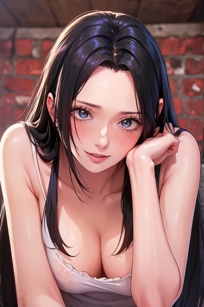 (((masterpiece))), (((best quality))), ((ultra-detailed)), (highly detailed CG illustration), Boa Hancock, , (masterpiece:1.5), Detailed Photo, Smiling, Sexy, (Best Quality: 1.4), (1girl), Beautiful Face, (Black Hair, long Hair: 1.3), Beautiful Hairstyle, beautiful detail eyes, (realistic skin), beautiful skin, absurd, attractive, ultra high resolution, high definition, (sexually aroused:1.5), Pinkish white skin, cool white light, sexy pose, Beautiful , white background, pink soft white light, Wear a white dress