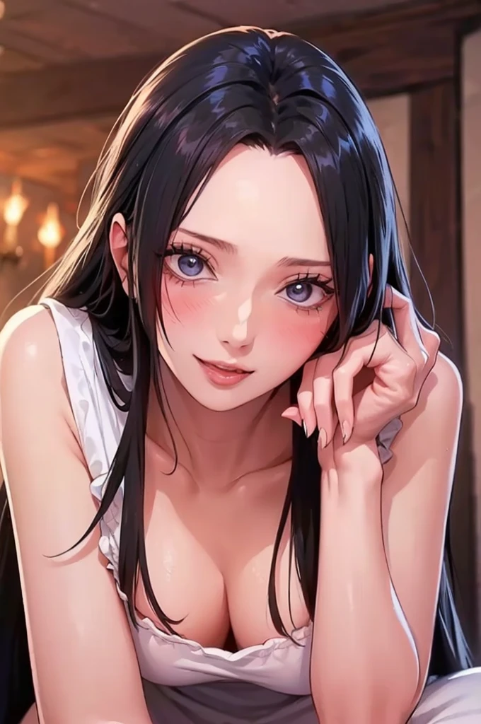 (((masterpiece))), (((best quality))), ((ultra-detailed)), (highly detailed CG illustration), Boa Hancock, , (masterpiece:1.5), Detailed Photo, Smiling, Sexy, (Best Quality: 1.4), (1girl), Beautiful Face, (Black Hair, long Hair: 1.3), Beautiful Hairstyle,  beautiful detail eyes, (realistic skin), beautiful skin, absurd, attractive, ultra high resolution, high definition, (sexually aroused:1.5), Pinkish white skin, cool white light, sexy pose, Beautiful , white background, pink soft white light, Wear a white dress