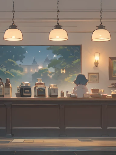 (coffee shop, cafe, cafe latte, relax mood, daytime), early summer air, aesthetic, Ghibli background style, cute storybook illustration, gentle soft lighting, Giorgio Morandi Colors, thick line graph, full-color illustration, cover illustration, scenery, dabai style, masterpiece, Best quality at best,