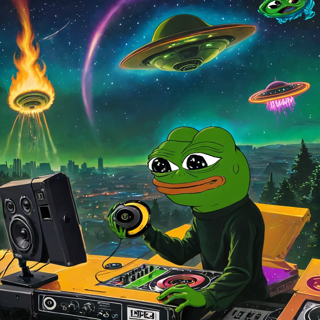  (((pepe_frog))) being obducted by ufo while dj'ing, graffiti, speakers