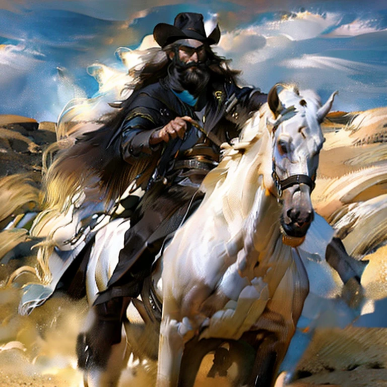 (rule of thirds:1.4). (hyper-realistic illustration:1.2). ((western:1.3)), (wild west).1870s, American Southwest desert. A middle aged man riding a white horse. The man has long (dark hair), piercing blue eyes, ( mustache and beard), wearing an eyepatch over his left eye, (black cowboy hat), all black clothing. Stoic, dignified, ((masculine)).