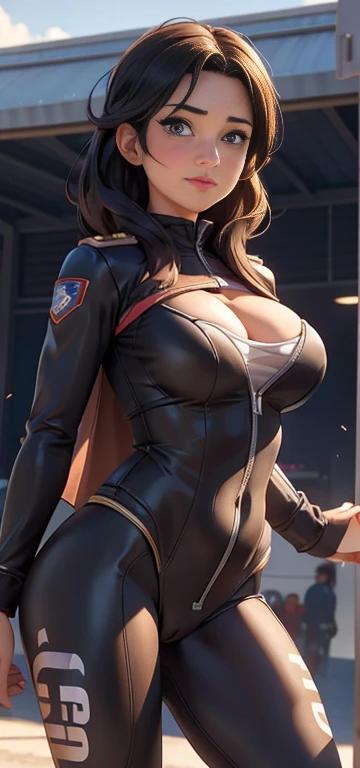 1female,41 years old,MILF,A MILF,mature,plumw,extremely large bosom ,Pornographic exposure, solo,(Background with:stadio) She has short black hair,bobo head,Station,seen from the front, hair straight, mostly cloudy sky,(((tmasterpiece),(Very detailed CG unity 8K wallpaper),best qualtiy,cinmatic lighting,detailed back ground,beatiful detailed eyes,Bright pupils,(Very fine and beautiful),(Beautiful and detailed eye description),ultra - detailed,tmasterpiece,)),facing at camera,A high resolution,ultra - detailed),revealing breasts,Bare genitalia, Bulge,legs are open,Raised sexy,Camel toes,Flushed complexion,Open-mouthed,frontage,us airforce,Aviator,(Wearing:Track and field suits,Black pantyhose)Superman uniform