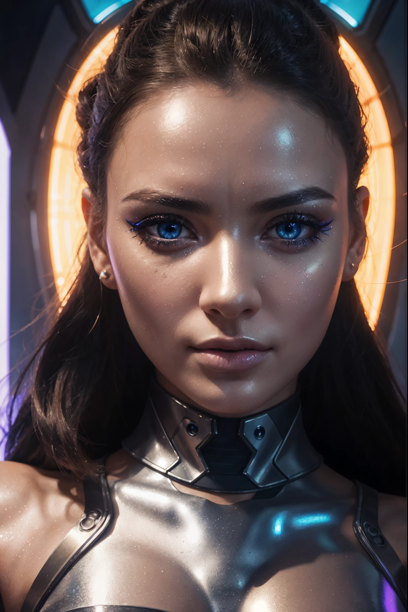 a young woman in a skimpy futuristic space station outfit, beautiful detailed eyes, beautiful detailed lips, extremely detailed face and skin, long eyelashes, intricate details, highly detailed, hyper realistic, cinematic lighting, neon lights, metallic textures, clean and shiny surfaces, glowing accents, advanced technology, sci-fi, digital art, vibrant colors, dramatic lighting