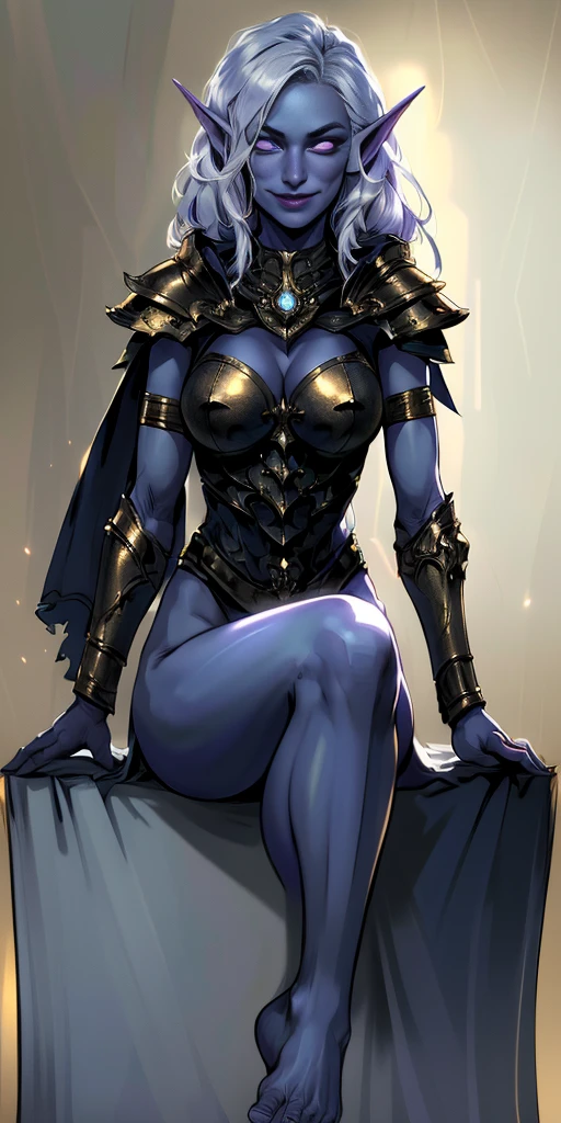 (1solofemale drow dark elf sitting on coach on audition casting, bedroom background) (happy smile closed mouth) Gray skin, pale golden hair and violet eyes. She prefer's clothing of white and silver with cloaks of deep blue or purple, huge_knockers ((very precise detailed)) ((high res) golden bracers barefoot barehands, masterpiece, best quality, CG, wallpaper, HDR, high quality, high-definition, extremely detailed, drow, colored skin, dark elf, pointy ears, cape, armor, looking at viewer, 1girl, dimmed light, whitish eyes, long hair, chibi