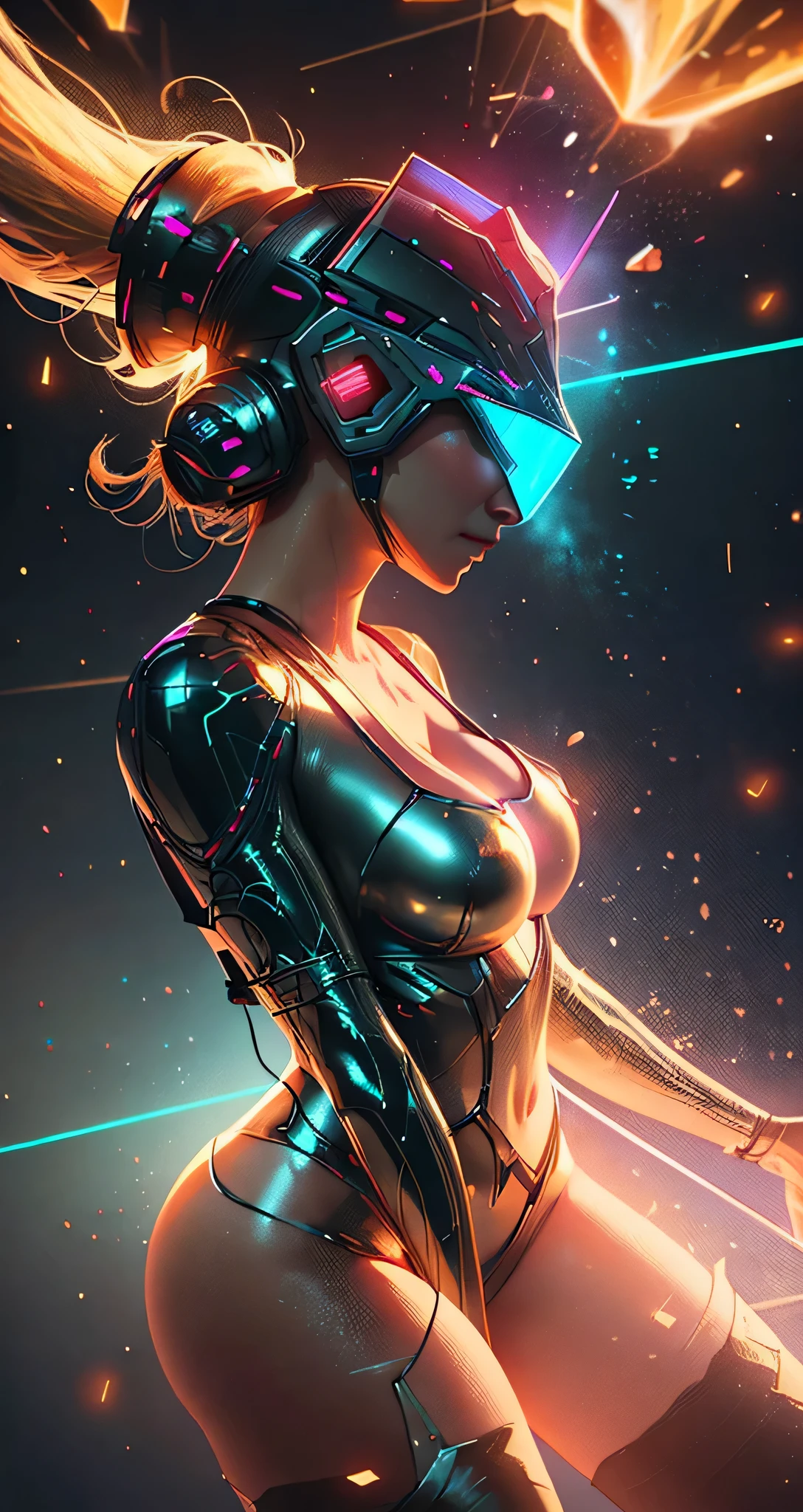a glowing head made of glass and a glowing body made of glass, transparent reflective glass, (breast) full body, long legs, amazing particles pulling misting out of the glass head and body, like droplets of glass floating, 8k highly detailed digital art, intricate artwork, octane render, mind-bending digital art, breathtaking digital art, 3d digital art, 8k hd wallpaper, volumetric lighting, highly reflective glass particles