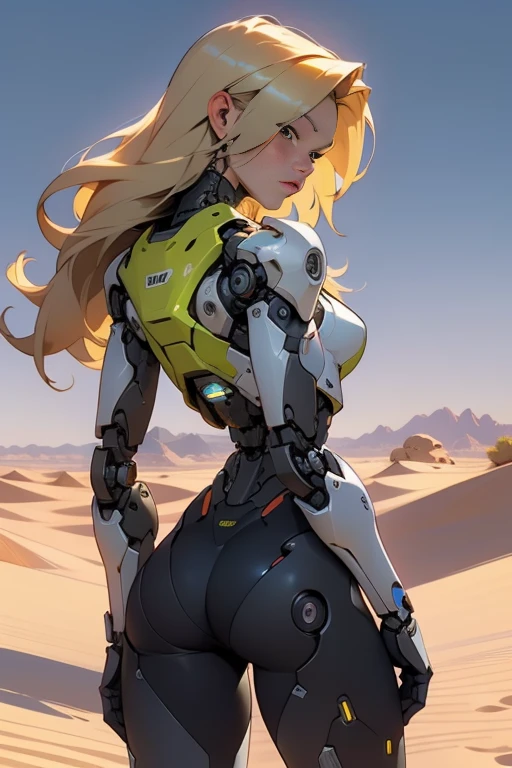 high quality, 4k, masterpiece, beautiful, cyborg girl, cowboy shot, dull eyes, back side, turning around to look at viewer, long blonde hair, girl, small breasts, fit thigh, robotic arms, robotic body, cyborg body, yellow accent, red accent, intricate detail, joint, detailed lines, robotic detail, 1fist on hip, color robotic parts, robotic parts with color, perfect fingers, on a desert planet, sunny background, colorful desert,