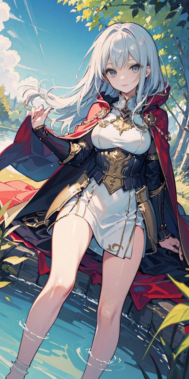 (masterpiece, best quality) 1girlsolo (the empress:1.15) (red cape) curtain, armored dress, queen dress, aurora (sunshine, sky, river, forest)
