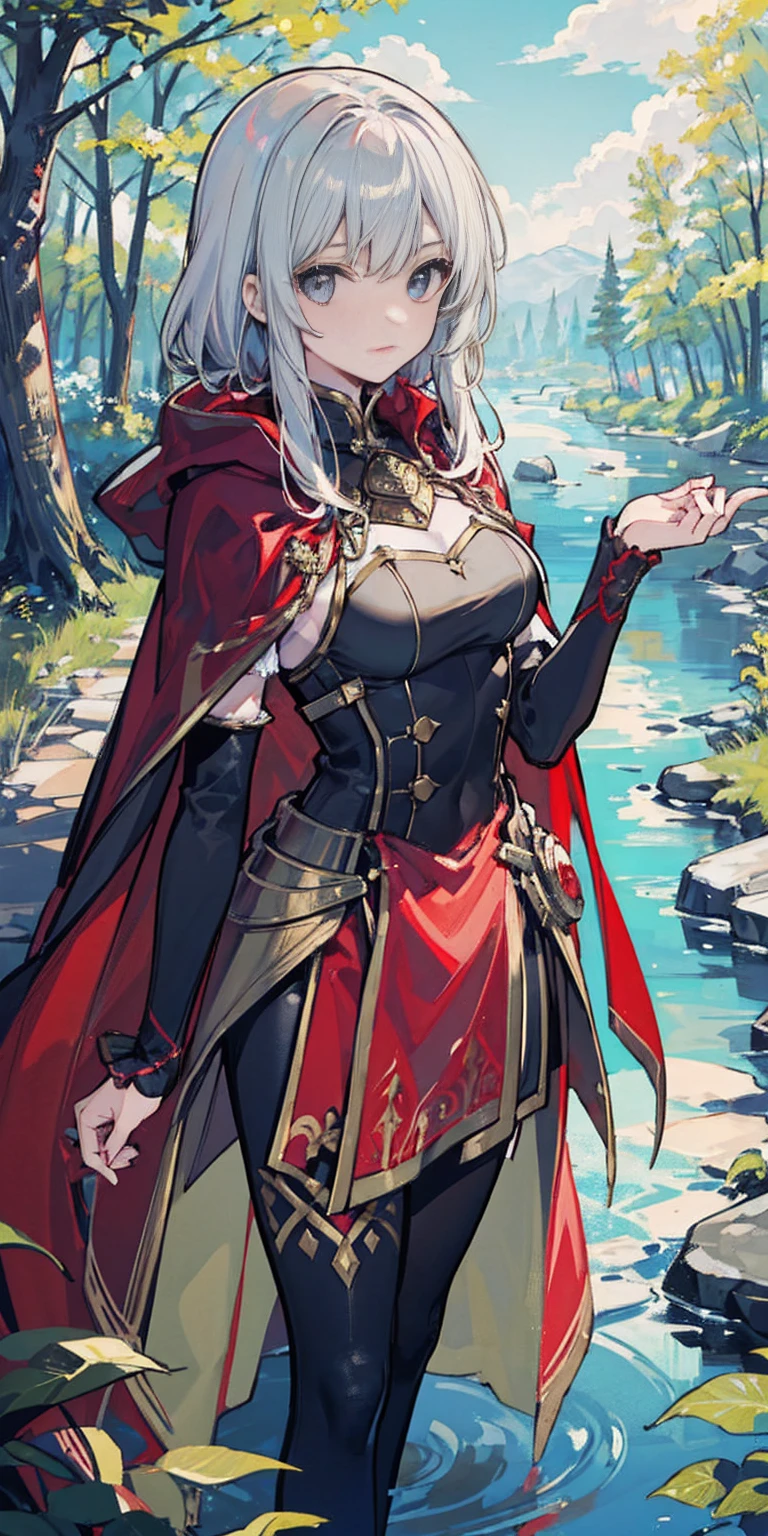 (masterpiece, best quality) 1girlsolo (the empress:1.15) (red cape) curtain, armored dress, queen dress, aurora (sunshine, sky, river, forest)