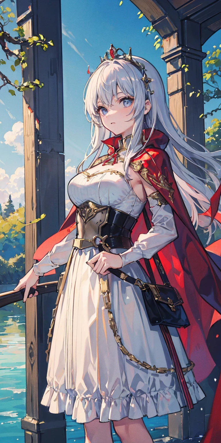 (masterpiece, best quality) 1girlsolo (the empress:1.15) (red cape) curtain, armored dress, queen dress, aurora (sunshine, sky, river, forest)