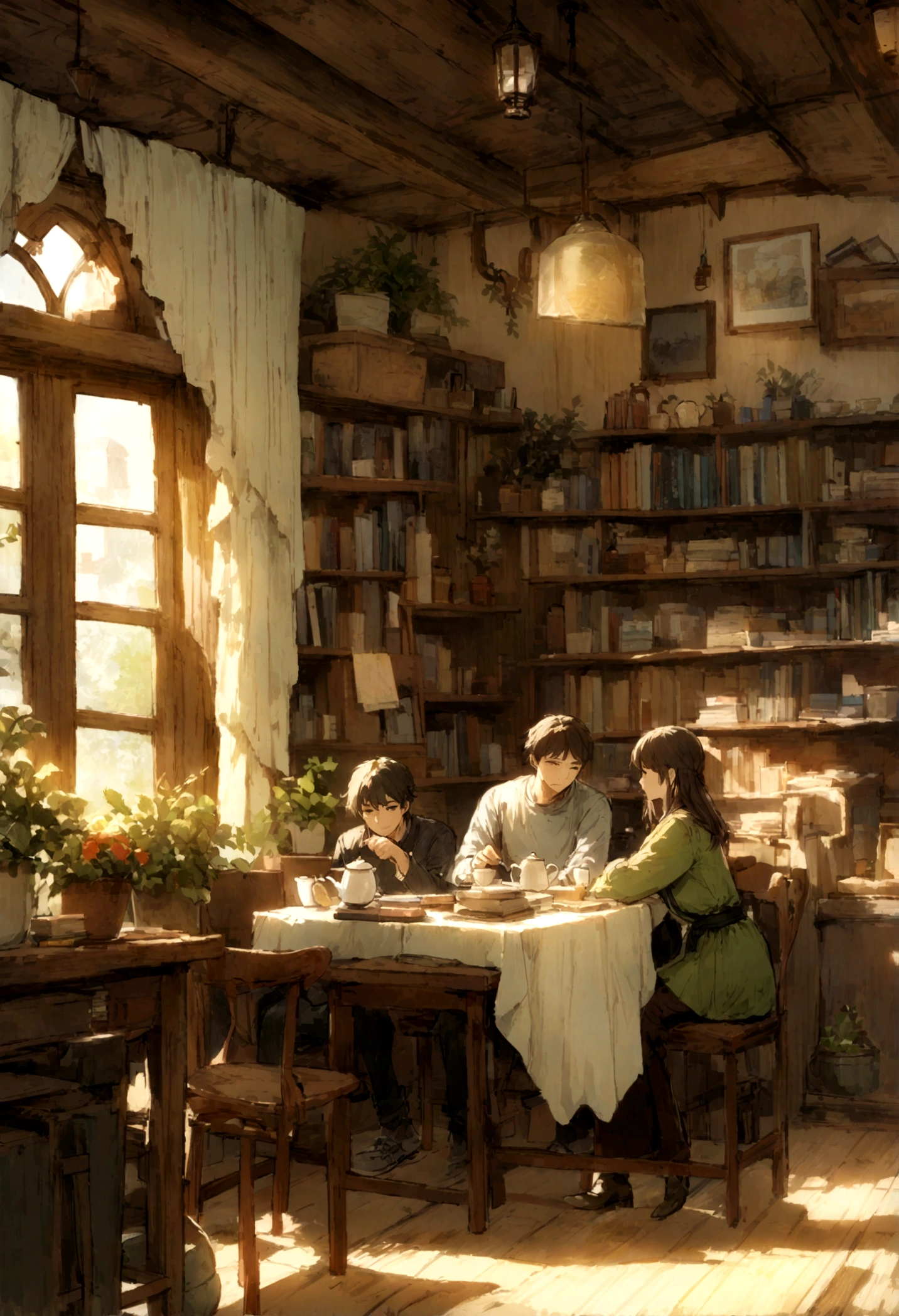 There is a living room,There is a table in the middle,A man and a woman sitting at a table drinking tea,There are many books on the bookshelf, cozy cafe background, cozy place, comfortable environment, Designed for comfort and aesthetics, Relaxation concept art, Warm home background, Comfortable atmosphere, Pleasant and comfortable atmosphere, Highly detailed scenes, Multidimensional cozy bistro, Comfortable and peaceful atmosphere, Warm living room background, comfortable environment, cozy atmosphere, Highly detailed environments