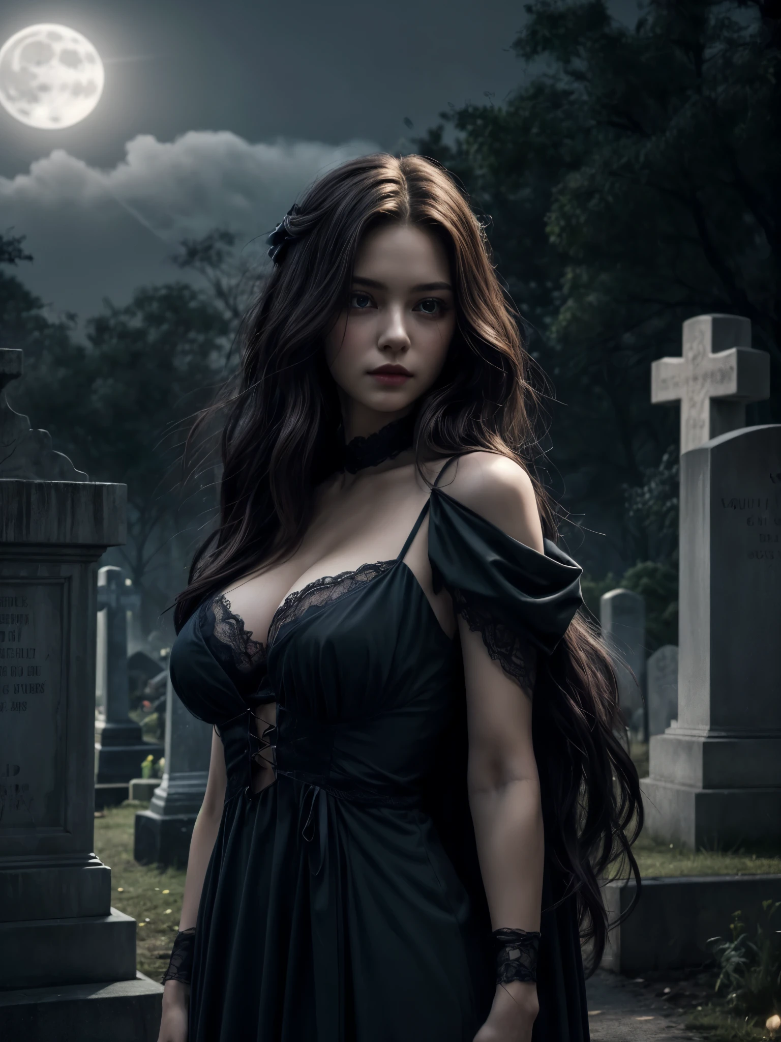 1girl, detailed face, very long hair, drapped lace dark gown, cemetery complex, eerie glow moonlight, shrouded by mist, masterpiece, best quality, cinematic, evil, gigantic breasts, 