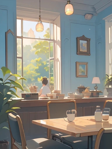 (coffee shop, cafe, cafe latte, relax mood, daytime), crowd, mob, early summer air, aesthetic, Ghibli background style, cute storybook illustration, gentle soft lighting, Giorgio Morandi Colors, thick line graph, full-color illustration, cover illustration, scenery, dabai style, masterpiece, Best quality at best,