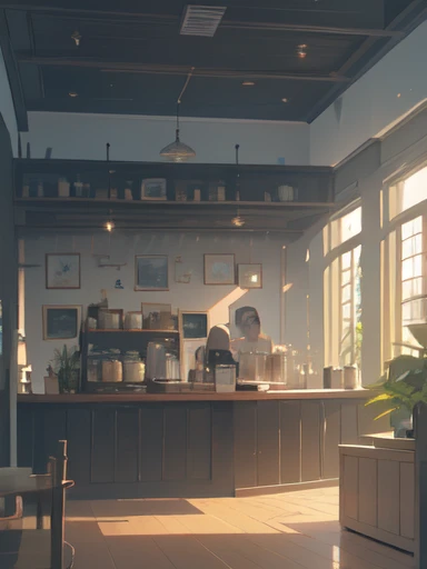 (coffee shop, cafe, cafe latte, relax mood, daytime), crowd, mob, early summer air, aesthetic, Ghibli background style, cute storybook illustration, gentle soft lighting, Giorgio Morandi Colors, thick line graph, full-color illustration, cover illustration, scenery, dabai style, masterpiece, Best quality at best,