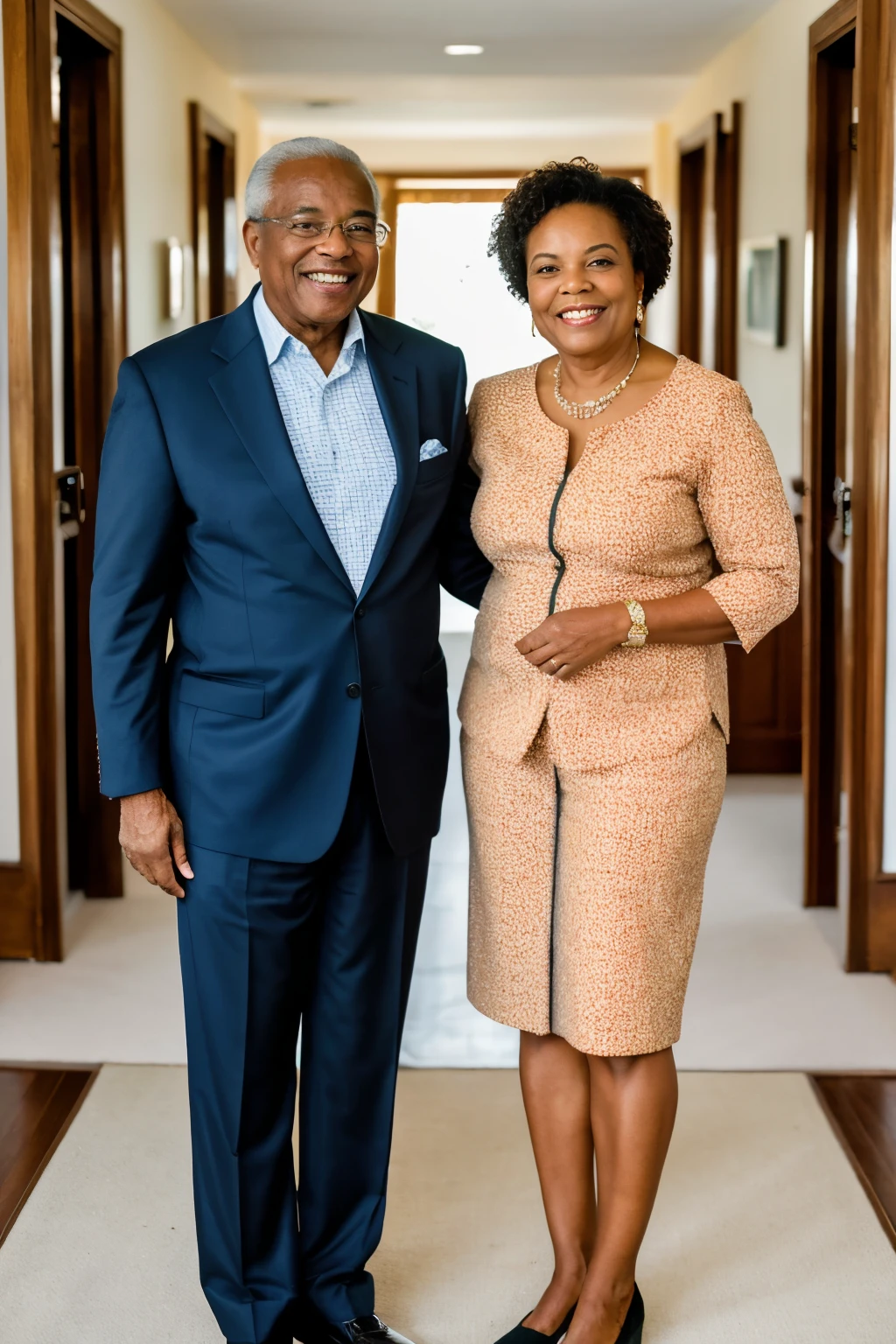 ((melhor qualidade)), ((Obra de arte)), (detalhado), create professional photography, full body photography, of an African-American couple approximately 75 years old, executive clothing, hands, standing together, happy, showing successful posture, ultra hd, realistic photo.
