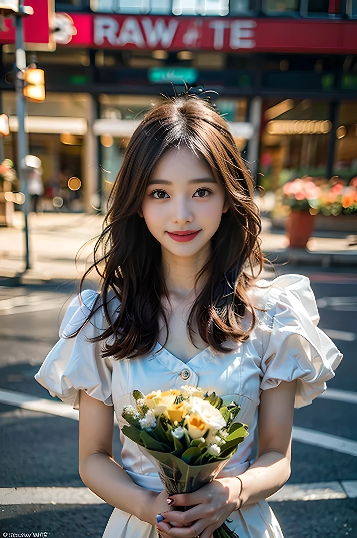 (8k, RAW Photos, highest quality、masterpiece:1.2), (Realistic、Realistic:1.37), Super detailed, High resolution, 1 girl, laughing、View your viewers, Beautifully detailed face、(Holding a bouquet:1.3),Beautiful and detailed skin、Skin Texture、Floating Hair、Professional Lighting、