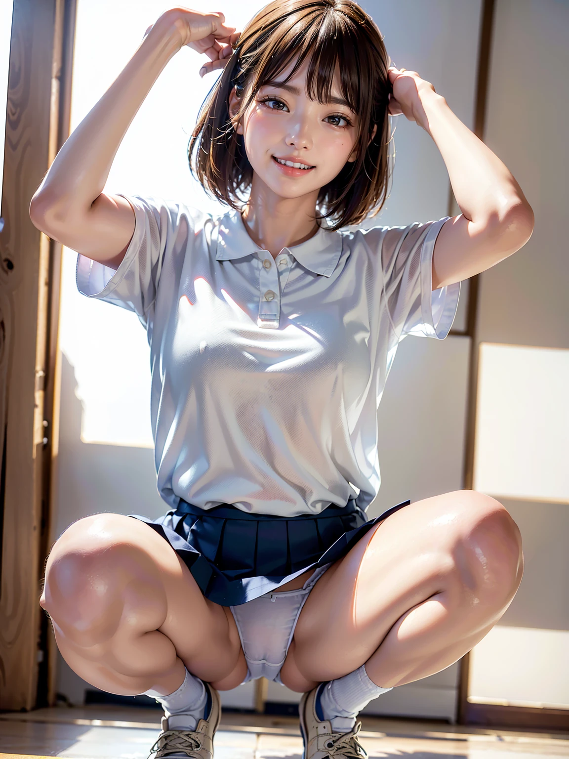 (masterpiece,highest quality,High resolution,Realistic,photograph:1.2),(1 high school girl:1.2), (((White polo shirt), Navy blue pleated skirt),(White sneakers),White socks),(Smiling with teeth showing and eyes narrowed:1.3),(Bobcut,Brown Hair,Natural Makeup, Eyelash extensions, Make your eyelashes thinner and longer:1.3),(Cowboy Shot:1.3),(16 year old Japanese girl:1.2),(Clothes that look good:1.2),(School corridor:1.3), (View the subject from below:1.2), (Panty shot:1.3), (Random sexy poses, Spread your legs, Squatting and tiptoe:1.3), (Place your hands behind your head:1.3)